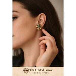 Vintage Brutalist Jade Clip Earrings Gold Tone Abstract Statement